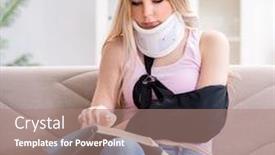  Presentation with test exam student - Amazing PPT theme having injured-woman-student-preparing backdrop and a coral colored foreground