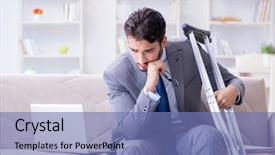  Presentation with broken home - Colorful PPT theme enhanced with injured worker - businessman with crutches and broken backdrop and a teal colored foreground