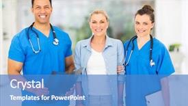  Presentation with portrait of medical professionals - Amazing PPT theme having injured worker - portrait of happy medical doctors backdrop and a teal colored foreground