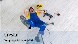  Presentation with unsafe work - Amazing PPT theme having injured worker at the work backdrop and a light blue colored foreground