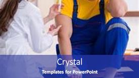  Presentation with being new doctor - PPT theme featuring injured-worker-being-assisted background and a royal blue colored foreground