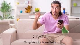  Presentation with home - Colorful presentation design enhanced with injured-young-man-at-home backdrop and a coral colored foreground