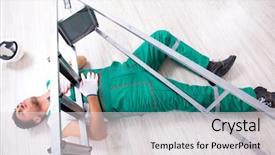 Presentation with worker - Audience pleasing presentation theme consisting of injury prevention - young worker falling backdrop and a light gray colored foreground