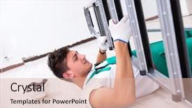  Presentation with professional growth ladder - Beautiful presentation design featuring injury prevention - young worker falling backdrop and a coral colored foreground