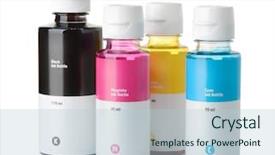  Presentation with close up of printer ink - Cool new presentation theme with set of printer ink bottles isolated on white backdrop and a light blue colored foreground