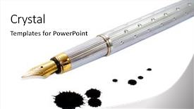  Presentation with feather pen ink - Theme consisting of man ready to open a bottle of champagne in the new year eve selective focus note shallow depth of field background and a light gray colored foreground