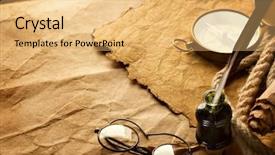  Presentation with quill pen - Colorful PPT layouts enhanced with inkwell - quill pen and vintage spectacles backdrop and a yellow colored foreground