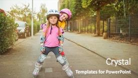  Presentation with roller skating - Cool new PPT theme with inline training - active excited kids trying urban backdrop and a coral colored foreground