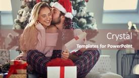  Presentation with sharing - Amazing PPT theme having inlove-couple-sharing-gifts backdrop and a coral colored foreground