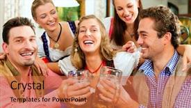  Presentation with beer women - Cool new presentation theme with inn or pub in bavaria - group of five young men and women in traditional tracht drinking beer and having a party with beer backdrop and a red colored foreground
