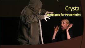  Presentation with nuclear - Presentation having innocent young woman shreaks in fear as she is about to be attacked by a gas mask wearing fiend in an apocylopic post nuclear future background and a wine colored foreground