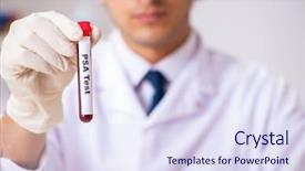  Presentation with testing blood - Theme having innoculated bacterias - young handsome lab assistant testing background and a sky blue colored foreground