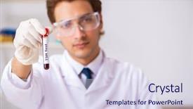  Presentation with testing blood - Slide deck featuring innoculated bacterias - young handsome lab assistant testing background and a sky blue colored foreground