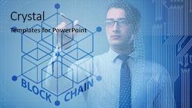  Presentation with blockchain - Presentation theme with innovation - young businessman in innovative blockchain background and a light blue colored foreground