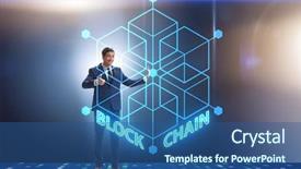  Presentation with blockchain - PPT theme enhanced with innovation - young businessman in innovative blockchain background and a ocean colored foreground