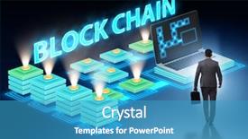  Presentation with blockchain - Presentation design featuring innovation - young businessman in innovative blockchain background and a teal colored foreground