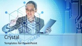  Presentation with blockchain - Audience pleasing presentation theme consisting of innovation - young businesswoman in innovative blockchain backdrop and a light blue colored foreground
