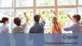  Presentation with sticky notes - Audience pleasing PPT theme consisting of innovation - young students at brainstorming seminar backdrop and a ocean colored foreground