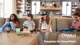  Presentation with play children - Presentation design consisting of innovation african american - children play computer game using background and a coral colored foreground