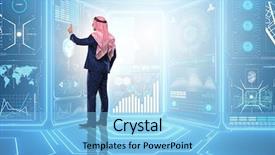  Presentation with data management - Presentation design with arab man in data management background and a light blue colored foreground