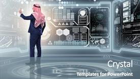  Presentation with data management - Cool new PPT theme with arab man in data management backdrop and a seafoam green colored foreground