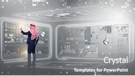  Presentation with data management - Presentation theme enhanced with arab man in data management background and a gray colored foreground
