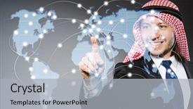  Presentation with green earth world globe map - PPT theme consisting of man pressing dots on world background and a light gray colored foreground