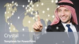  Presentation with green earth world globe map - Cool new presentation theme with man pressing dots on world backdrop and a gray colored foreground