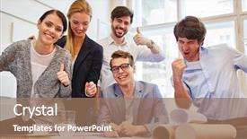  Presentation with team celebration - Audience pleasing slides consisting of innovation celebration - business team holding thumbs up backdrop and a coral colored foreground