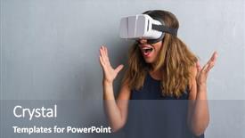  Presentation with virtual reality - Colorful slide deck enhanced with innovation celebration - middle age hispanic woman standing backdrop and a gray colored foreground