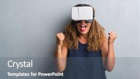  Presentation with virtual reality - Slide deck with innovation celebration - middle age hispanic woman standing background and a ocean colored foreground