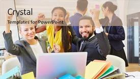  Presentation with winner - Cool new slide deck with innovation celebration - start-up winner team celebrates backdrop and a  colored foreground