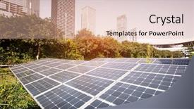  Presentation with solar power plant - Cool new PPT theme with innovation commercialization power - solar panel plant with urban backdrop and a  colored foreground