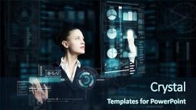  Presentation with virtual team global - Colorful presentation enhanced with innovation data - attractive smiling businesswoman working backdrop and a navy blue colored foreground