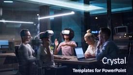  Presentation with virtual team - Theme consisting of headset in night office meeting background and a navy blue colored foreground
