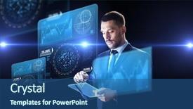  Presentation with transparent screen - Theme featuring innovation economics - business people and future technology background and a ocean colored foreground