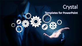  Presentation with gear - Cool new presentation design with innovation gears - business person hand holding gear backdrop and a navy blue colored foreground