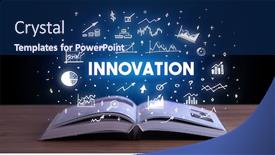  Presentation with business book - Presentation design with innovation inscription coming out from an open book business concept background and a ocean colored foreground