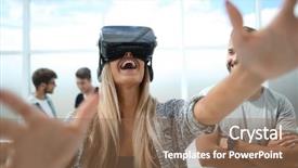  Presentation with virtual reality - Beautiful PPT theme featuring innovation video - girl in vr glasses backdrop and a violet colored foreground