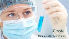  Presentation with scientist - Slide set consisting of inorganic - woman scientist holding a test background and a sky blue colored foreground
