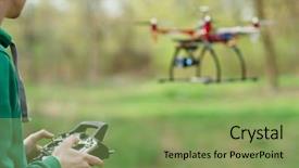  Presentation with drone - Audience pleasing presentation design consisting of inovation - man controling a drone backdrop and a seafoam green colored foreground