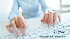  Presentation with secretary - Audience pleasing slide deck consisting of input devices - busy secretary inputting data backdrop and a sky blue colored foreground