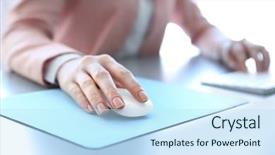  Presentation with hand shake computer - Cool new PPT layouts with input surface - female hand holding computer mouse backdrop and a sky blue colored foreground