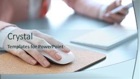  Presentation with hand shake computer - Audience pleasing theme consisting of input surface - female hand holding computer mouse backdrop and a  colored foreground