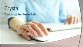 Presentation with hand shake computer - PPT theme consisting of input surface - female hand with computer mouse background and a sky blue colored foreground