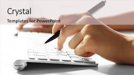  Presentation with pen - Theme enhanced with input surface - female hand with pen typing background and a  colored foreground