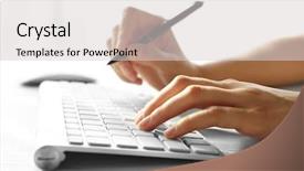  Presentation with input - Beautiful PPT theme featuring input surface - female hand with pen typing backdrop and a  colored foreground
