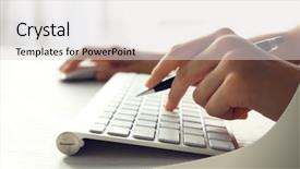  Presentation with input - Cool new slide deck with input surface - female hand with pen typing backdrop and a  colored foreground