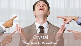  Presentation with upwards - Presentation theme featuring inquiring businessman looking upwards surrounded by pointing hands background and a coral colored foreground