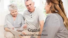  Presentation with senior couple - Cool new PPT theme with inquisitive - businesswoman talking with senior couple backdrop and a coral colored foreground